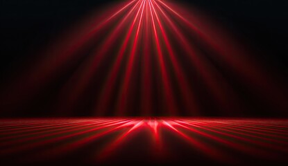 Red light rays emanating from above, illuminating a reflective floor against a dark background