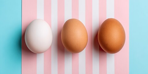Three eggs of varying colors sit on a pink striped background with blue borders