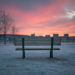 A lone bench sits in snow against a vibrant pink and orange sunset skyline