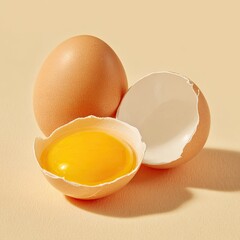 A close-up shot of three eggs, one cracked open to reveal the bright yellow yolk