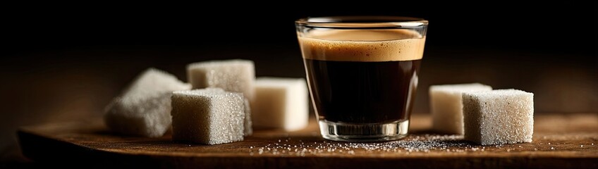 A shot of dark, frothy coffee surrounded by sugar cubes, on wooden surface