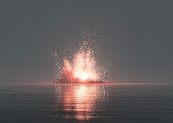 A bright explosion of light and sparks erupts from a calm, reflective body of water