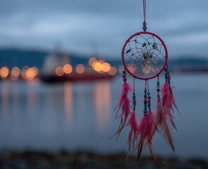 Pink dreamcatcher hangs, blurred harbor lights glow in background, dusk