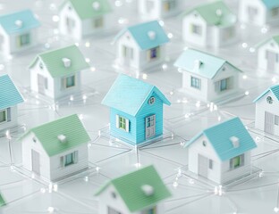 Miniature houses in various colors connected by glowing lines on a blurred background