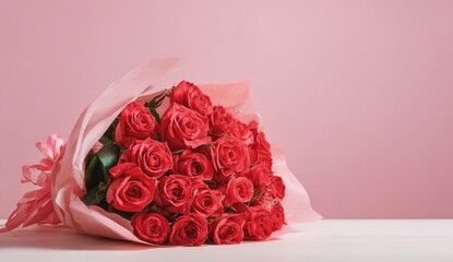 A bouquet of vibrant red roses wrapped in pink paper against a matching backdrop