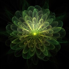 Luminous digital fractal of a green flower with layered petals against a black backdrop