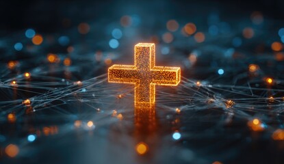 Glowing orange plus sign over a blurred blue and orange digital network