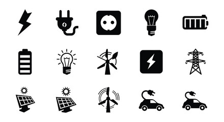 Fototapeta premium Collection of black and white energy and electricity related icons
