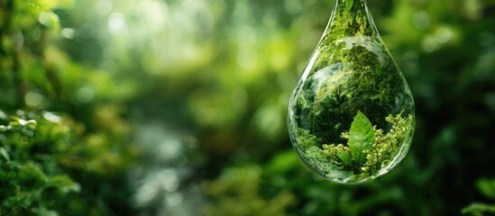 A transparent water droplet reflecting lush green foliage, symbolizing nature, focus on the drop