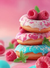 Stacked glazed donuts with fresh raspberries and mint on a pink background