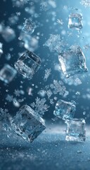 Abstract of ice cubes and snowflakes suspended in midair against a blue background