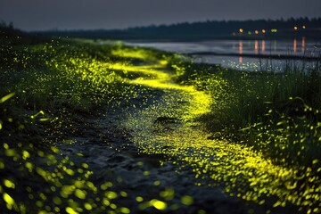Serene evening view of fireflies illuminating a path along a body of water with lights in the distance