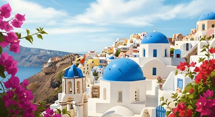 Fototapeta premium Picturesque view of traditional white buildings and blue domes in santorini greece