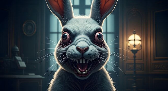 Frightening portrait of a monstrous rabbit with sharp teeth and glowing red eyes