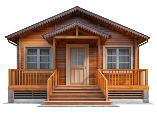 Traditional wooden log cabin house with porch and windows, isolated on transparent background