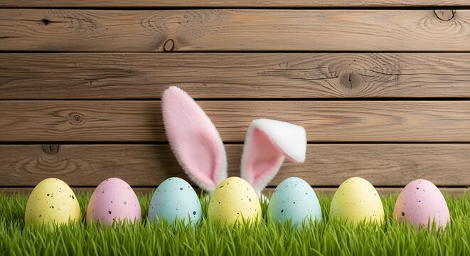 Colorful easter eggs and bunny ears peeking from grass on a rustic wood background