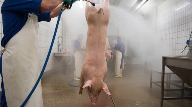 Cleaning pig carcass in industrial pig slaughter process. 4K Video