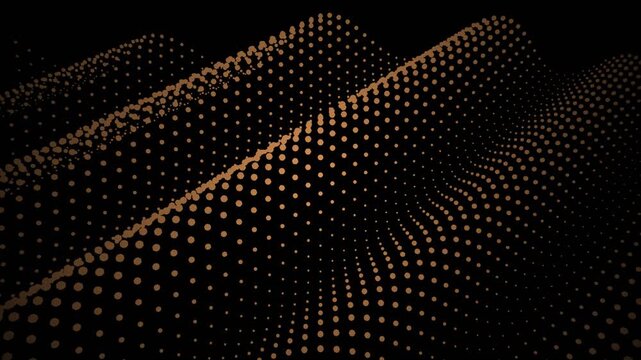 Waveform pattern of golden dots on a dark background displayed in a 3D wave-like formation, viewed from a high angle in a digital environment, inspired by Wave_Seed_63.mp4