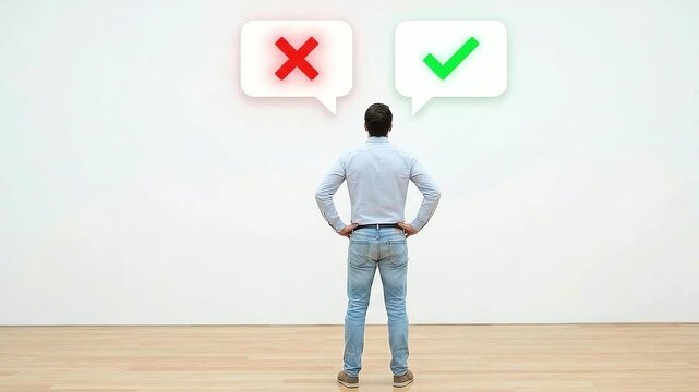 A person stands contemplating between the right and wrong choices represented by symbols