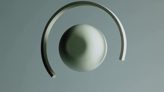A 3D rendering of a white sphere encircled by a broken metal ring against a gray background with