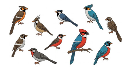 Fototapeta premium Collection of various colorful birds perched on branches.