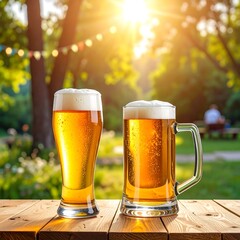 Two beer glasses on a wooden table in a sunlit garden scene with colorful string lights
