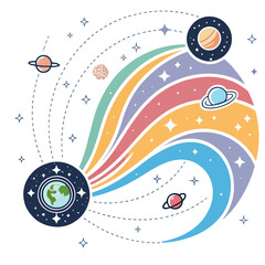 A colorful vector graphic illustration of planets and stars in space © GFXShani1