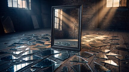 A moody, low-angle shot captures a framed mirror surrounded by shattered glass, dramatically lit by golden light rays in a derelict attic.
