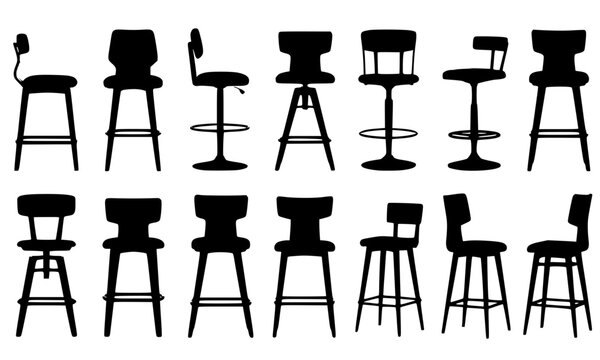 Large collection of varied bar stool and chair silhouettes in different styles for interior design and furniture catalogs.