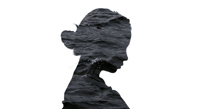 Double exposure of woman silhouette with dark water &ndash; A symbol of anxiety and worry