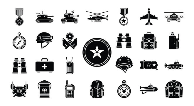 Black and white icons depicting various military equipment and symbols