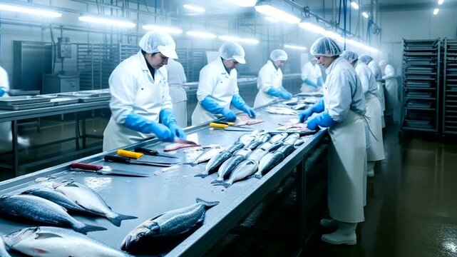 Workers in a modern fish processing plant preparing fresh catch for distribution.