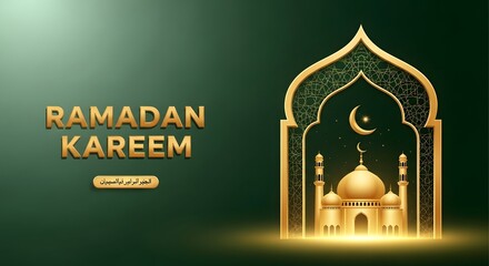 Ramadan kareem islamic background with mosque and crescent moon archway