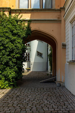Arched stone passage with cobblestone path and green ivy leading to a sunny castle courtyard