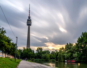 Naklejka premium A tall tower stands beside a serene river and walkway