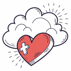 A warm red heart with a white medical cross and a fluffy cloud, radiating health and care