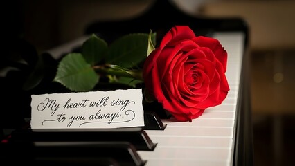 A vibrant red rose rests delicately upon the black and white keys of a classic piano alongside a handwritten note expressing eternal devotion.