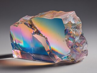 Naklejka premium This abstract glass sculpture, made of solid, transparent glass, is filled with delicate cracks and suspended bubbles, refracting exquisite rainbow-like patterns under soft, pastel-colored light.