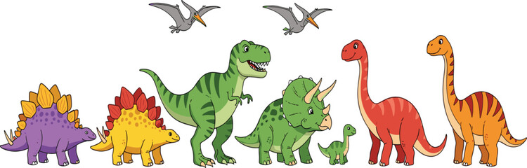Fototapeta premium Cartoon dinosaurs in playful colors and styles, featuring Stegosaurus, T-Rex, Triceratops, Brachiosaurus, and Pterodactyls. Fun educational illustration for kids and learning projects.