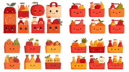 Obraz premium Cute illustration collection of fruit themed shopping bags with smiling faces ideal for kids food packaging branding grocery design and playful retail graphics