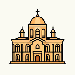 Obraz premium Cathedral Cartoon Line Art – Black-and-White Illustration with Central Dome, Cross, Towers, Arched Windows, and Symmetrical Religious Architecture
