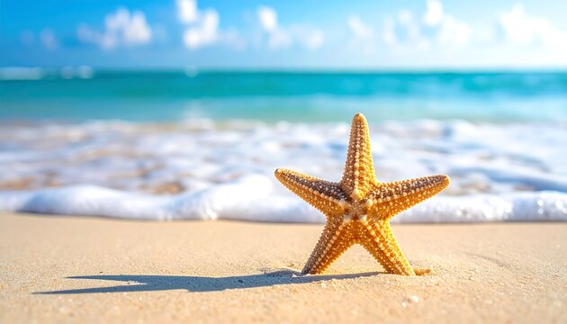 Starfish on a Sandy Beach with Ocean Waves.