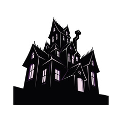 Obraz premium A black silhouette of a Gothic-style mansion with purple-lit windows against a white background.