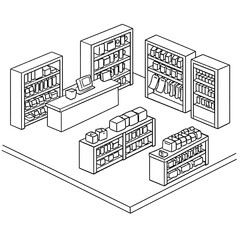 Naklejka premium Isometric Small Retail Shop Interior Coloring Book Illustration with Shelves, Products and Cashier Counter in Clean Black Outline Style