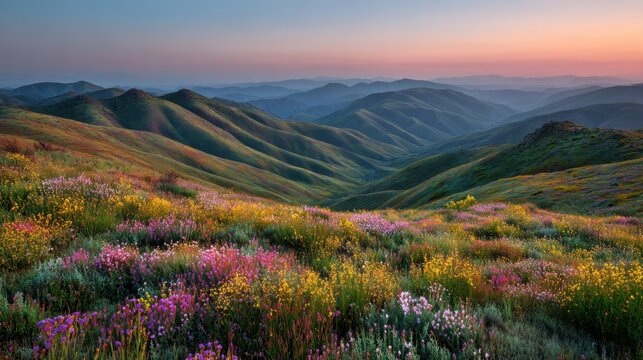 Rolling hills with wildflower meadow panorama