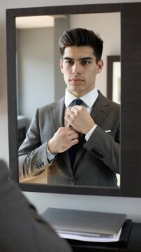 Young professional adjusting his tie in the mirror while preparing for work, vertical shot