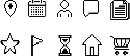 Black and white pixel UI icons, location pin, calendar, user, chat, document, star, flag, hourglass, home, cart © Ashik World