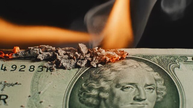 Close Up Burning Dollar Bill with Flame and Smoke.