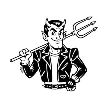 Retro Devil Mascot with Pitchfork in Leather Jacket.