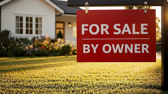 Red For Sale By Owner Sign In Front Of House.